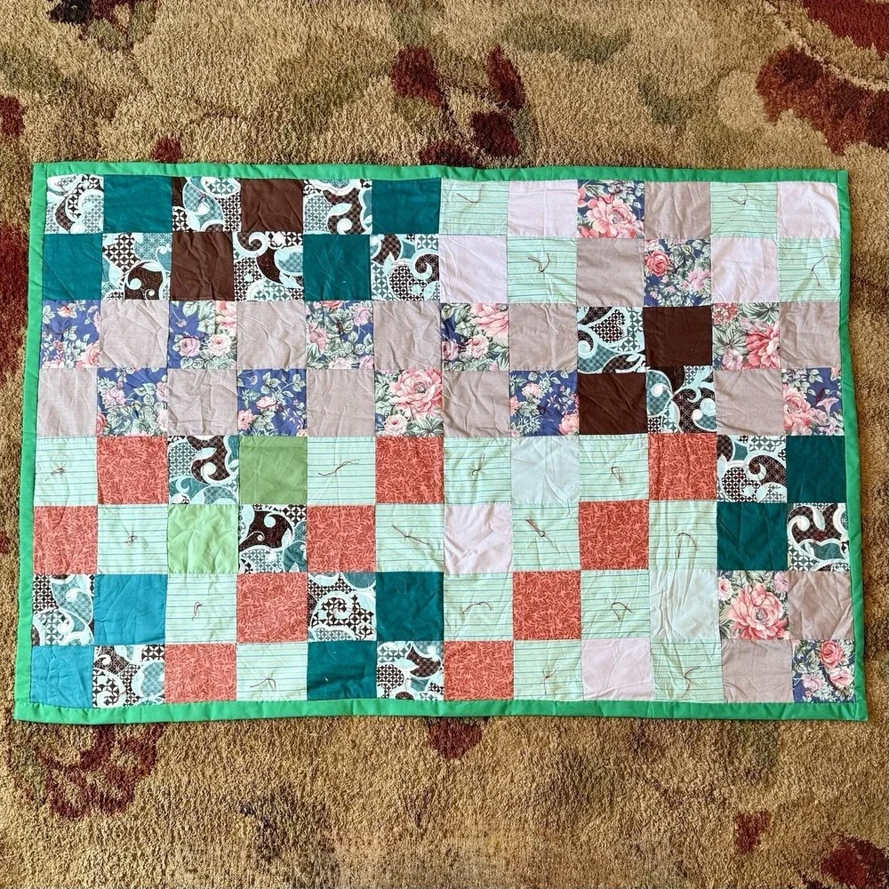 VTG Handmade Patchwork‎ Square Color Block Quilt Green Back 72